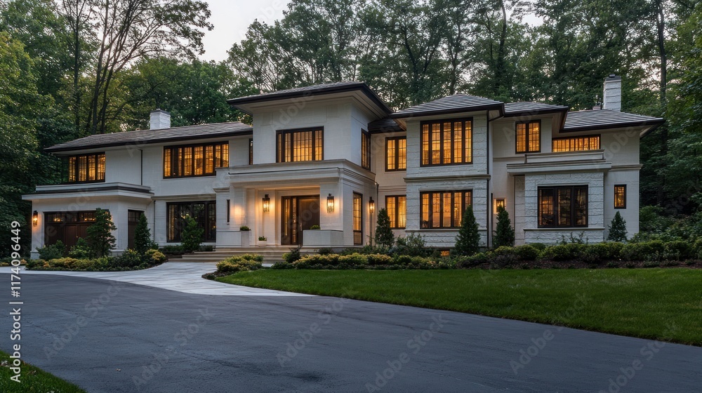 Luxurious modern white house at dusk. Luxurious modern white house at dusk.