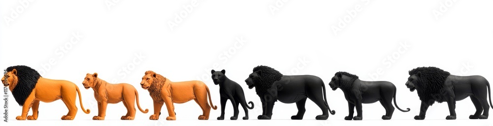 Collection of 5 full-body portraits of Panthera wild cats including Panther, cheetah, jaguar, lion, and tiger, cut out on a transparent background in PNG format Collection of 5 full-body portraits of Panthera wild cats including Panther, cheetah, jaguar, lion, and tiger, cut out on a transparent background in PNG format