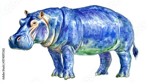 Isolated white background accentuates a watercolor style hippopotamus, blending creative conceptual wildlife art with abstract brush strokes and a hint of realism photo