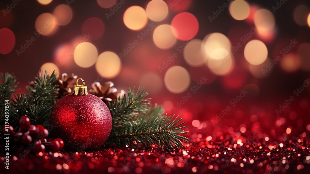 Fototapeta premium Festive Christmas Ornament with Red Glitter Background
