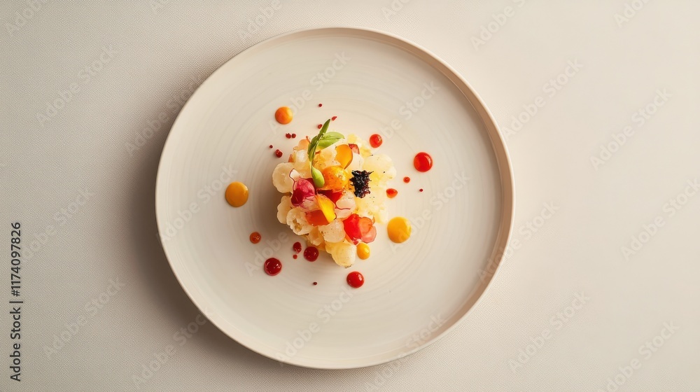 White dining table with artfully crafted dish on sleek minimalist plate White dining table with artfully crafted dish on sleek minimalist plate