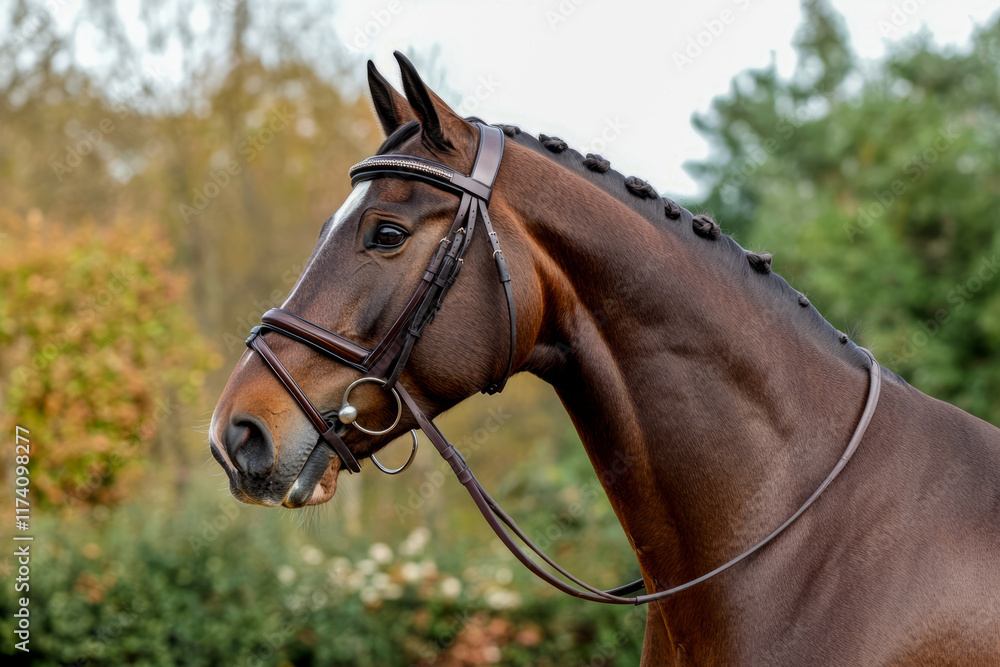Obraz premium Elegant brown horse in outdoor setting among lush greenery