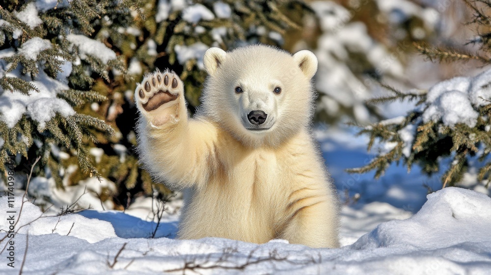 A cute and funny happy white polar bear waving in winter snow on a copy space background, perfect for an Arctic holiday greeting card A cute and funny happy white polar bear waving in winter snow on a copy space background, perfect for an Arctic holiday greeting card