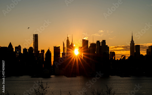 Manhattan skyscrapers skyline, stunning morning light, city scape water reflection, travel destination background image, selective focus isolated subject