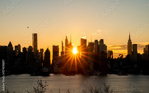 Manhattan skyscrapers skyline, stunning morning light, city scape water reflection, travel destination background image, selective focus isolated subject