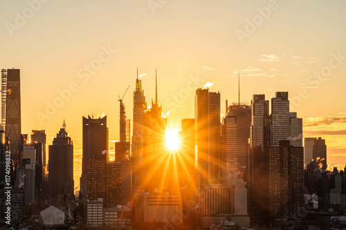 Manhattan skyscrapers skyline, stunning morning light, city scape water reflection, travel destination background image, selective focus isolated subject