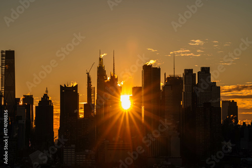 Manhattan skyscrapers skyline, stunning morning light, city scape water reflection, travel destination background image, selective focus isolated subject