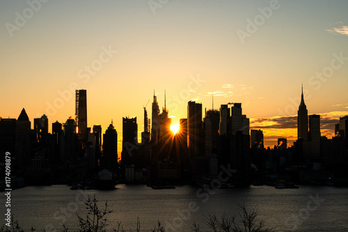 Manhattan skyscrapers skyline, stunning morning light, city scape water reflection, travel destination background image, selective focus isolated subject
