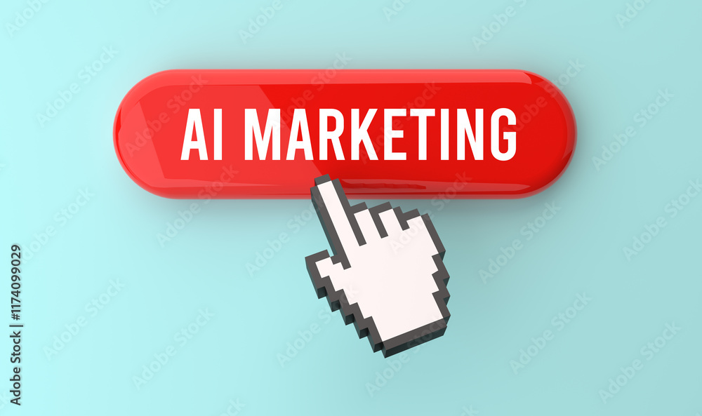 AI marketing text on web button, pixel clickable interface, web banner, artificial intelligence, digital marketing, personalized ads, data-driven strategies, tech innovation, 3D render. AI marketing text on web button, pixel clickable interface, web banner, artificial intelligence, digital marketing, personalized ads, data-driven strategies, tech innovation, 3D render.