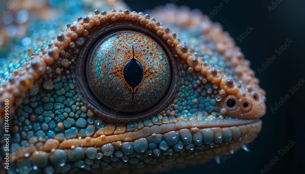 Obraz premium Intriguing Macro Shot of a Gecko's Eye: 4K High-Resolution Detail, Vibrant Colors, and Textured Skin. Captivating Wildlife Close-up Photography. Exotic Reptile Portrait. Nature's Masterpiece.