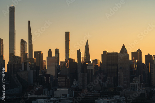 Manhattan skyscrapers skyline, stunning morning light, city scape water reflection, travel destination background image, selective focus isolated subject