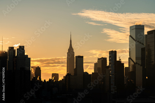 Manhattan skyscrapers skyline, stunning morning light, city scape water reflection, travel destination background image, selective focus isolated subject