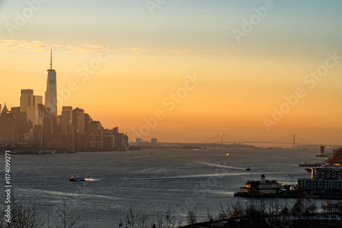 Manhattan skyscrapers skyline, stunning morning light, city scape water reflection, travel destination background image, selective focus isolated subject