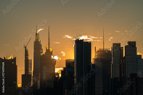 Manhattan skyscrapers skyline, stunning morning light, city scape water reflection, travel destination background image, selective focus isolated subject