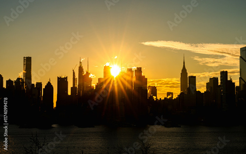 Manhattan skyscrapers skyline, stunning morning light, city scape water reflection, travel destination background image, selective focus isolated subject