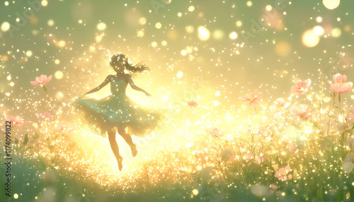 A magical Spring-themed scene featuring a glowing golden girl leaping gracefully through a sparkling trail of golden pink spring flowers and glitter