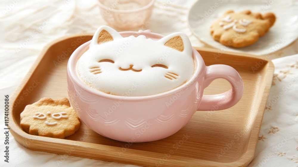 Adorable cat-shaped latte art in a pink mug with cat-shaped cookies. Adorable cat-shaped latte art in a pink mug with cat-shaped cookies.