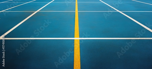 An outdoor view of a sports court banner background with a blue rubber field and white and yellow lines photo