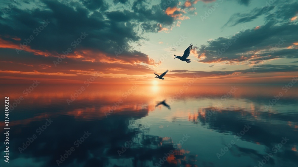 Obraz premium Two birds flying over calm ocean at sunset.