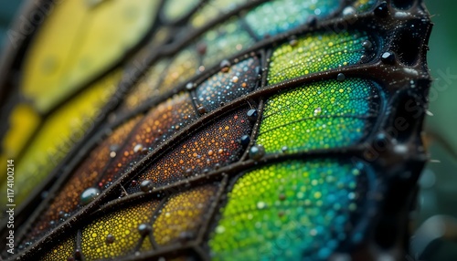 Macro Shot of a Butterfly Wing: 4K Ultra HD Detailed Texture, Vibrant Colors, Nature Close-up.  Rainbow Hues, Wet Scales, Glossy Surface. Abstract Art Background, Science, Biology, Entomology photo