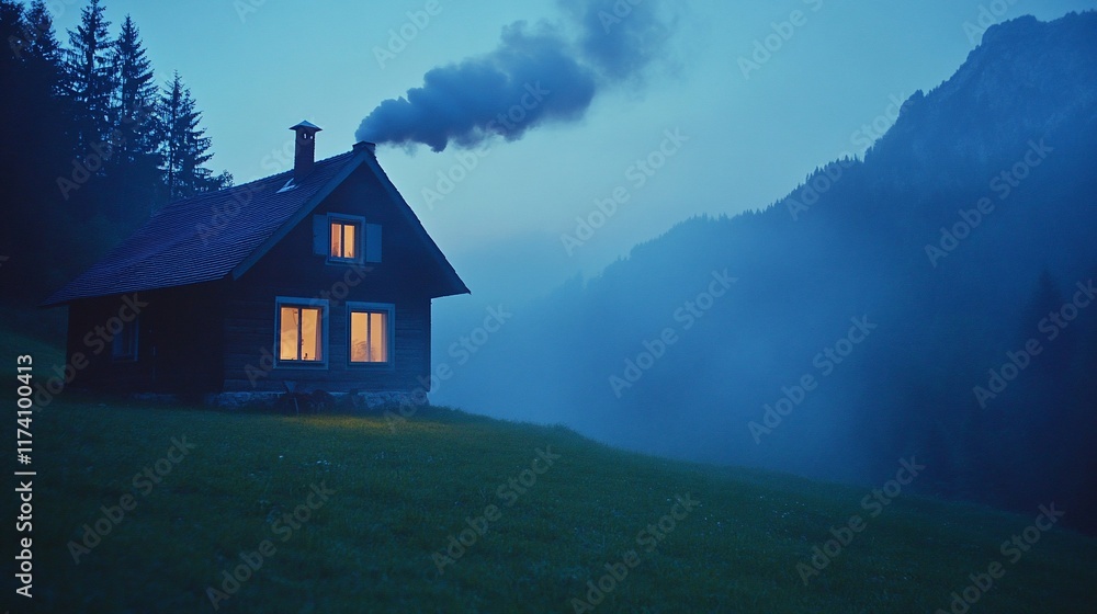 Cozy cabin glowing at dusk in misty mountains. Cozy cabin glowing at dusk in misty mountains.