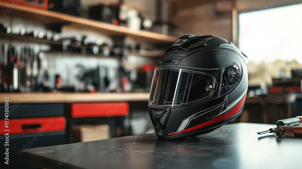 Obraz premium Black motorcycle helmet on workbench in workshop.