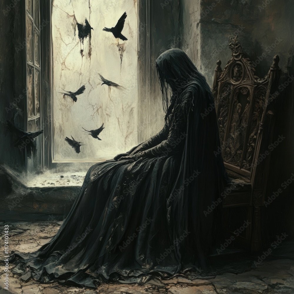 Dark-Robed Figure and Crows in Ruined Room Dark-Robed Figure and Crows in Ruined Room