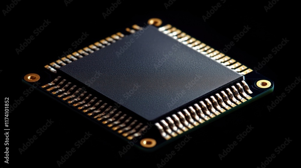 Detailed shot of a black integrated circuit chip with gold pins, dark background Detailed shot of a black integrated circuit chip with gold pins, dark background