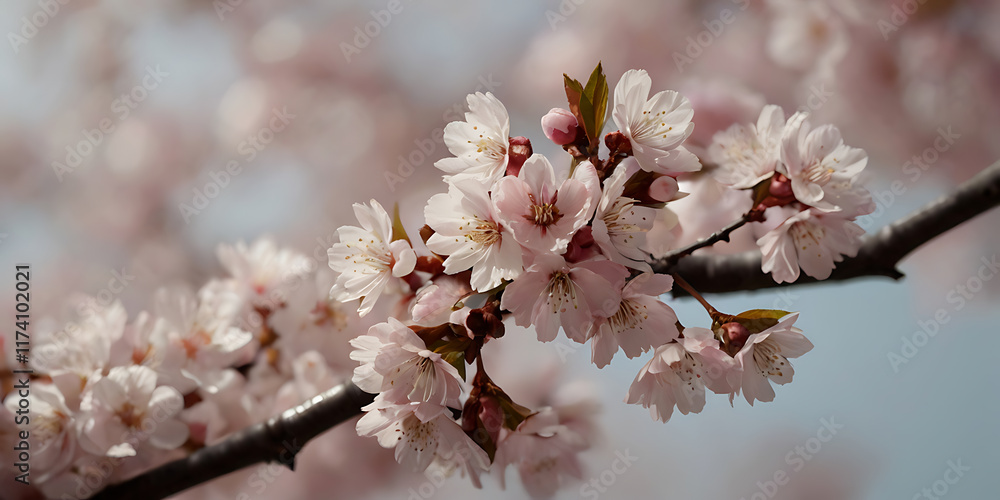 Illustration of cherry blossoms, blooming branch of pink flower sakura, nature floral background, blossom in spring Illustration of cherry blossoms, blooming branch of pink flower sakura, nature floral background, blossom in spring