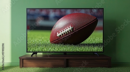 A rugby ball or American football displayed on a TV screen. A simple and abstract representation of sports and competition, featuring ample copy space photo