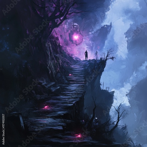 Digital Painting of a Person at a Staircase Leading to a Glowing Heart-Shaped Object