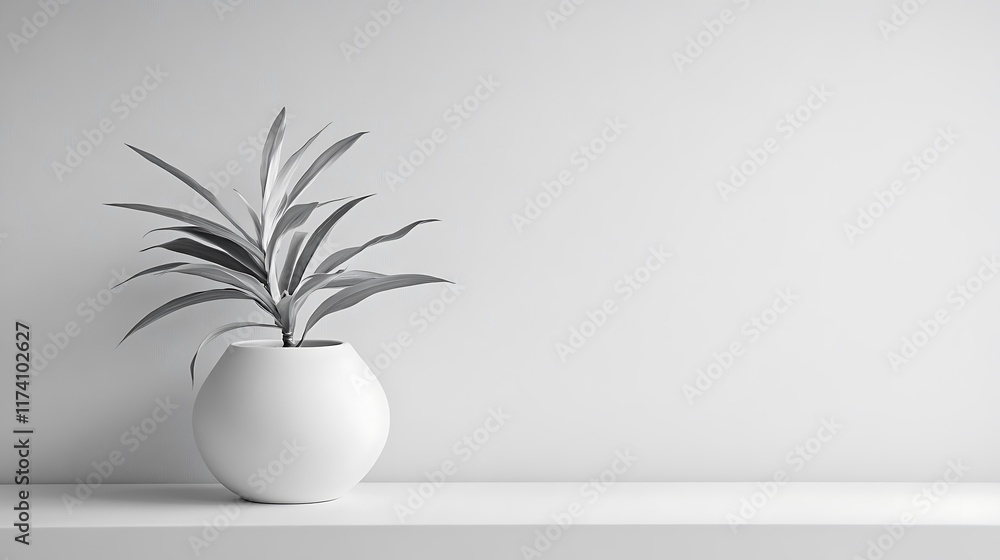 Minimalist grayscale image of plant in white pot Minimalist grayscale image of plant in white pot