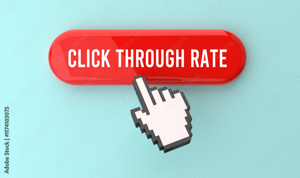 Click through Rate text on web button, pixel clickable interface, web banner, online engagement, digital marketing, user interaction, conversion metrics. 3D render. Click through Rate text on web button, pixel clickable interface, web banner, online engagement, digital marketing, user interaction, conversion metrics. 3D render.