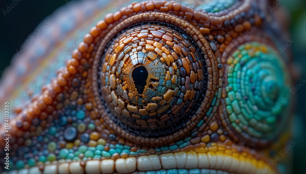 Fototapeta premium 4K Macro Photography of a Chameleon's Eye: Intricate Scales, Vibrant Colors, and Striking Detail - A Close-Up Look at Nature's Masterpiece