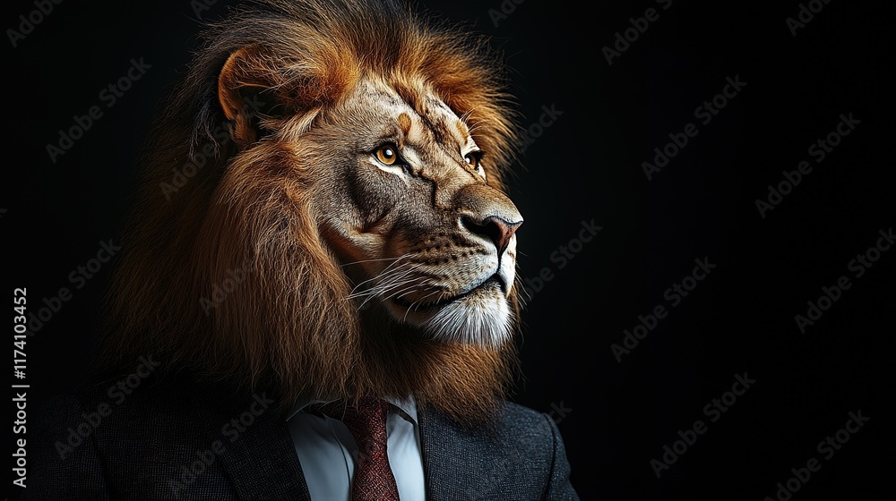 Naklejka premium Majestic lion in business suit studio setting portrait photography dramatic lighting powerful imagery
