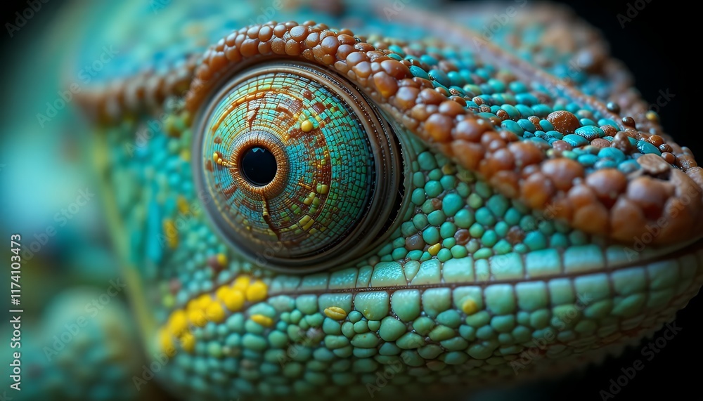 Fototapeta premium 4K Macro Photography of Chameleon's Eye: Vibrant Scales, Intricate Details, Close-up View of Exotic Reptile's Colorful Skin Texture. High Resolution Image, Amazing Detail.