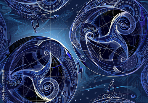 Seamless pattern ornament. Scheme of ancient Nordic geometric astrology. Fantasy background with magic Celtic triskelion and triple spiral symbols. Vector drawing for packaging, fabric, wallpaper.