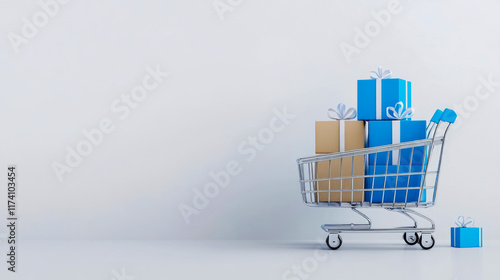 Shopping cart loaded with gift boxes on minimalist background photo