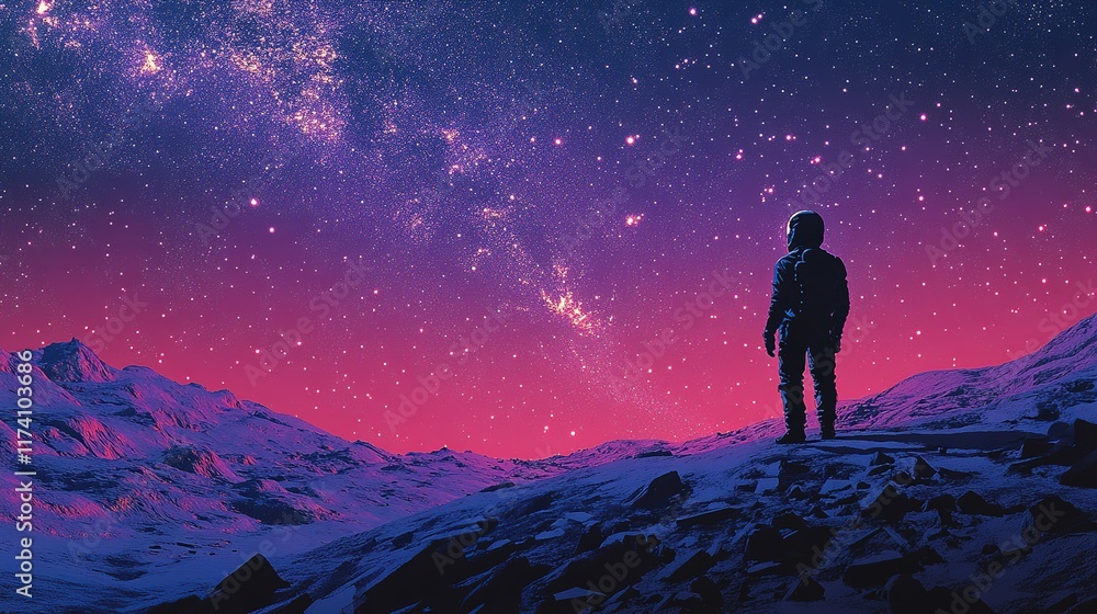 Fototapeta premium Exploring cosmic frontiers astronaut on alien landscape outer space digital art galactic environment surreal viewpoint
