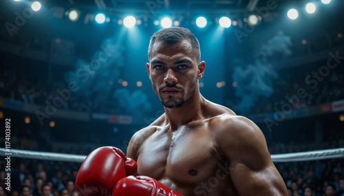 Middleweight boxer portrait in the ring under strong lights - Generative AI