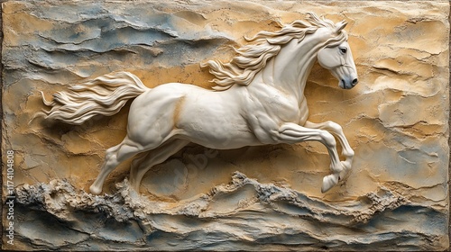 White horse bas-relief sculpture on textured background. photo