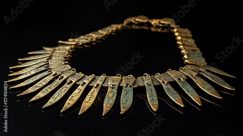 Egyptian gold necklace with hieroglyphic pendants, ancient patina and wear  photo