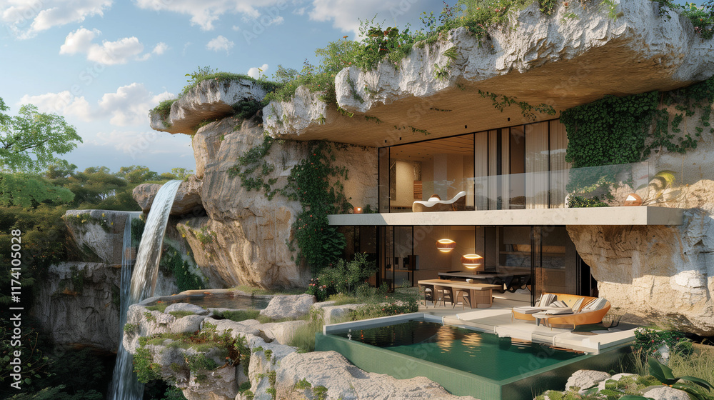 Fototapeta premium Luxury cliffside villa with waterfall and pool