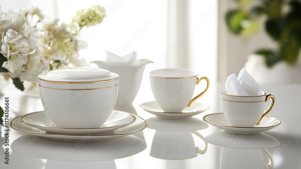 Elegant white tea set with gold trim on a table. Elegant white tea set with gold trim on a table.
