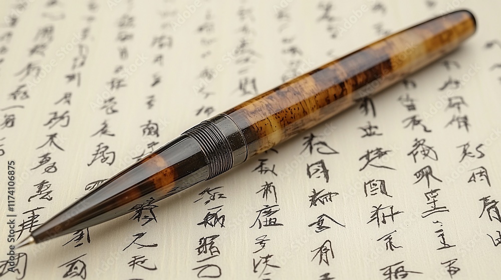 Elegant brown pen rests on ancient calligraphy.