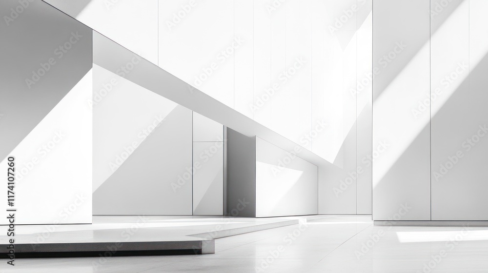 Fototapeta premium Minimalist white architecture interior with sunlight and shadows.