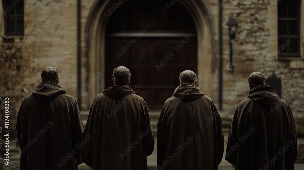 Naklejka premium A neo classical style painting of Monks in an old Abbey in England