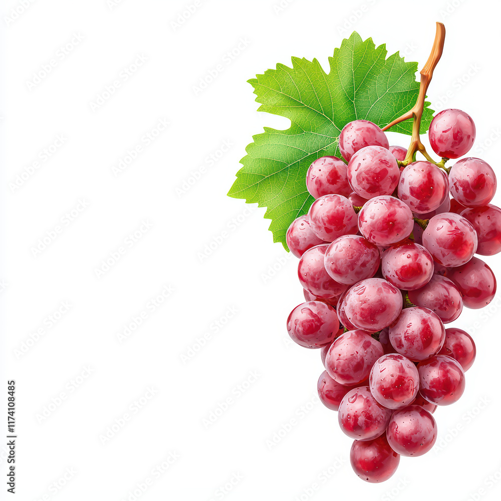 Fototapeta premium Fresh red grapes with green leaves on white background