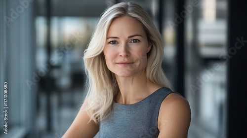 Confident blonde woman in grey dress. Free Download Confident blonde woman in grey dress. - GFXLoad