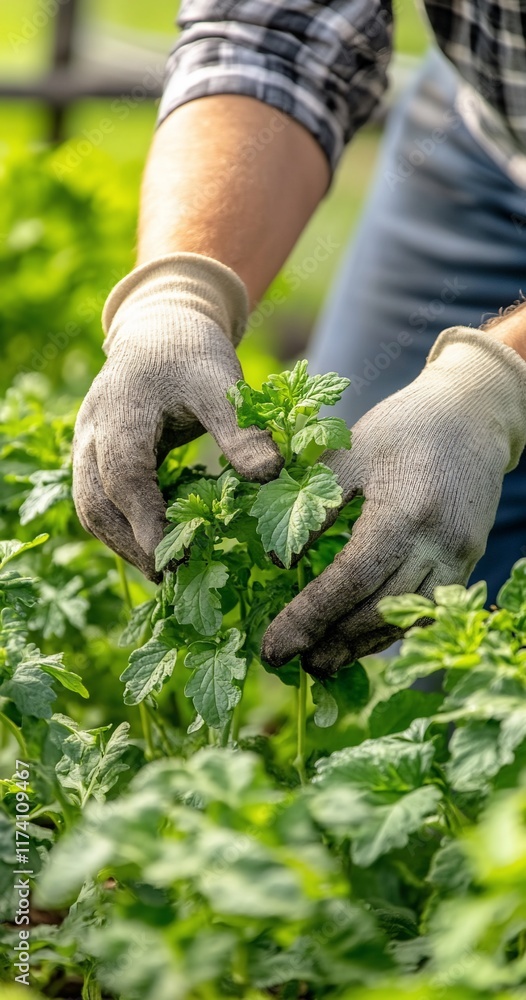Fototapeta premium Gardener tending seedlings in greenhouse